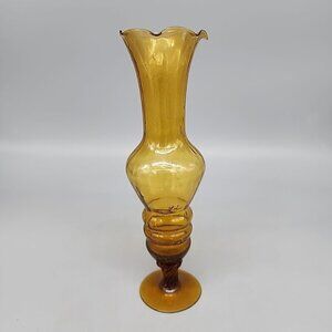 Vintage Amber glass pedestal bud vase swirl scalloped top Hand Blown 8"